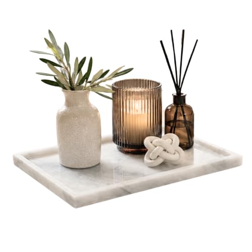 Real Marble Decorative Tray, for Perfume, Jewelry, Vanity Decor and Bathroom Countertop, Large 11.6"x6" Made with One Piece Stone, Catchall Tray for Kitchen, Coffee Table, Candle (White)