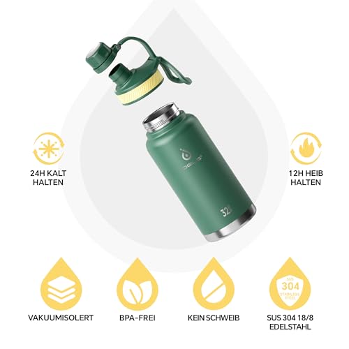 Ideus Vakuumisolierte Wasserflasche, 950 ml Edelstahl Doppelwand Flasche Metall Sport Kantine mit auslaufsicherem Schraubverschluss – Ansicht 2