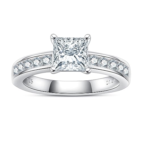 Moissanite Engagement Rings 1.27cttw D Color VVS1 Clarity Round Brilliant Cut Channel Set S925 Sterling Silver 6 Prong Solitaire Promise Wedding Rings for Women with Certificate