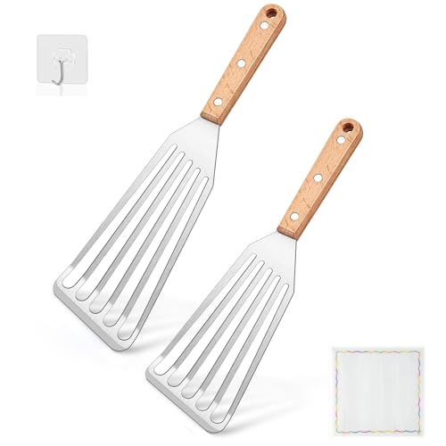 Micoples Slotted Fish Spatula Set of 2, Stainless Steel Flexible Metal Spatula with Natural Wooden Handle, Heat Resistant Slotted Turner for Frying Eggs Burgers Pancakes BBQ Grilling Cooking