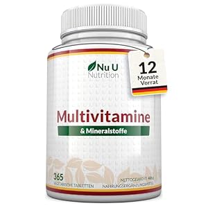 Multivitamin & Mineralstoffe A-Z – 365 Vegetarische Tabletten – 1 Jahresvorrat – 25 Vitamine und Mineralstoffe pro Tablette Hochdosiert – Hergestellt en Europa – Nu U Nutrition