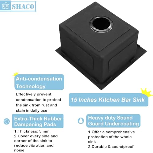 Image of SHACO 15x15 Drop In Black Bar Sink, 15 Inch Stainless Steel Top Mount Gunmetal Black 16 Gauge Single Bowl Small Kitchen Outdoor RV Sink with Strainer Drain