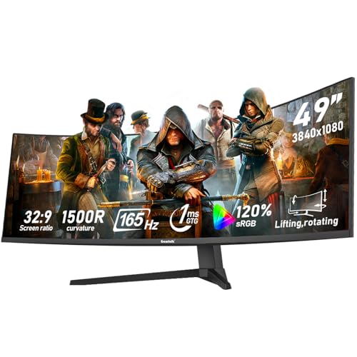 Gawfolk 49 inch Ultra-Wide Curved 1500R Gaming Computer Monitor, DFHD (3840×1080), 165Hz, 1MS, FreeSync, 120% sRGB, Height Adjustable PC Screen, HDMI2.1 & DP1.4, Compatible Wall Mount 100*100mm-Black