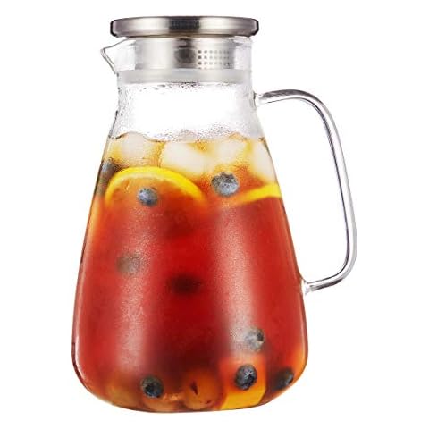 Purefold 70 Ounce Glass Pitcher with Drip-Free Stainless Steel Lid, Hot and Cold Water Carafe, Fruit Tea Coffee Maker, Ice Tea Pitcher, Juice Jar Cover