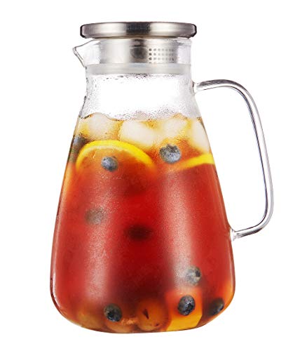 Purefold 70 Ounce Glass Pitcher with Drip-Free Stainless Steel Lid, Hot and Cold Water Carafe, Fruit Tea Coffee Maker, Ice Tea Pitcher, Juice Jar