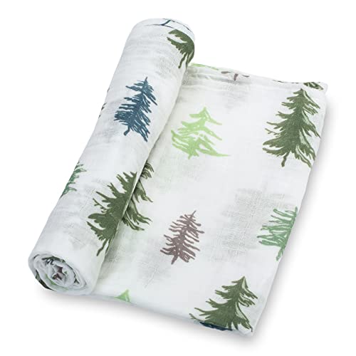 Image of LollyBanks Swaddle Blanket | 100% Muslin Cotton | Newborn and Baby Nursery Essentials for Boys, Registry | Pine Tree Print