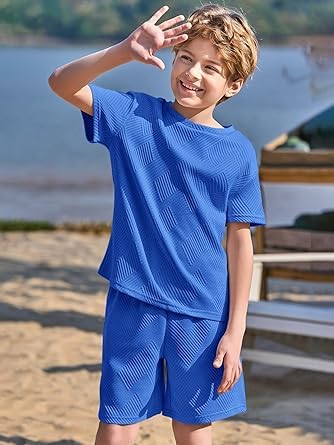 Haloumoning Ensemble de vêtements d'été pour garçon - Couleur unie - T-shirt à manches courtes avec short élastique - Ensemble de vêtements décontractés avec structure