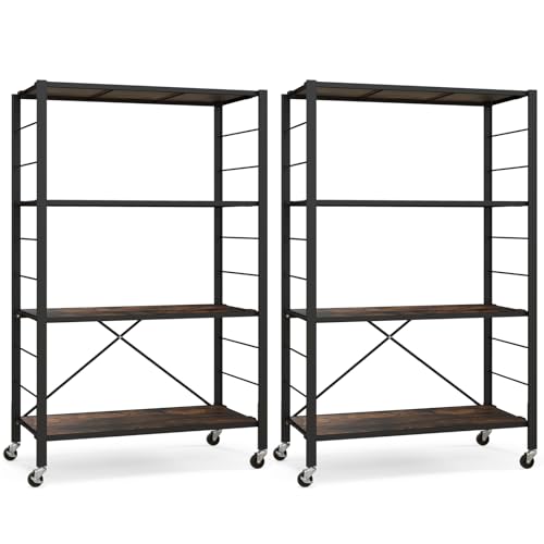 Giantex 4-Tier Folding Storage Shelf of 2, Collapsible Shelving Unit with Lockable Wheels & Adjustable Shelf, Heavy-Duty Organizer on Wheels, Storage Rack for Tool Room, Garage, Kitchen