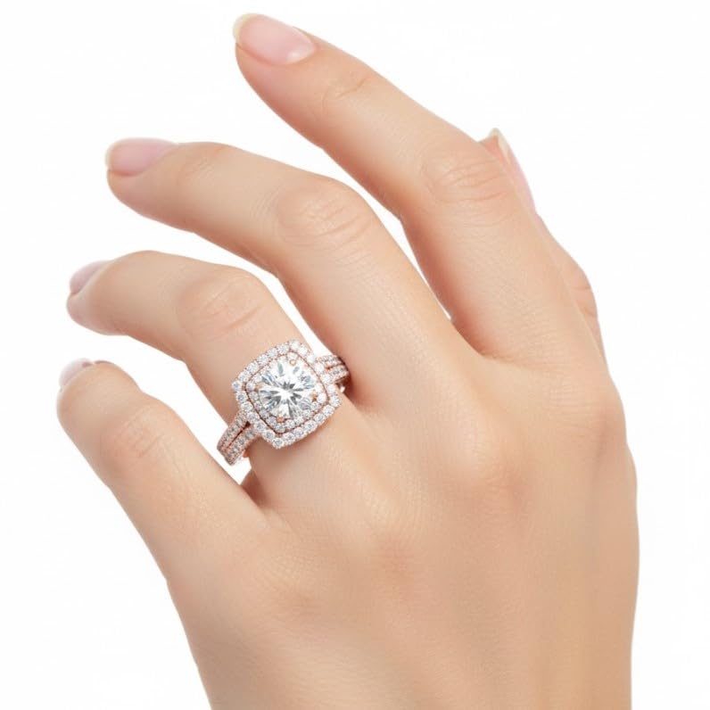 Image of 55Carat Choose Your Gemstone Double Band Square Halo Diamond CZ Ring 18K Rose Gold Plated Round Shape Halo Engagement Rings Everyday Jewelry Wedding Jewelry Handmade Gifts for Wife US Size 4 to 12