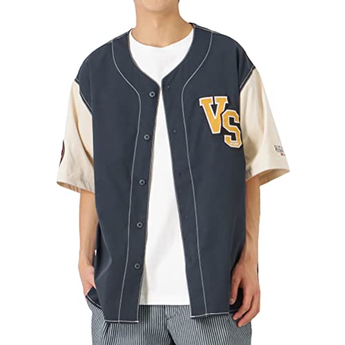 [ヴィジョンストリートウェア] ベースボールシャツ 半袖シャツ M L XL 3色展開 ノーカラー 5分袖 ラウンドヘム ブランドロゴ ワッペン 刺繍 ビッグシルエット ゆったり 羽織り トップス メンズ ネイビー:L