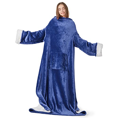 Hosukko Sherpa Wearable Blanket Hoodie For Adults - Oversized Comfy Blanket Hoodie With Pockets - Wearable Blanket Warm Cozy - Super Soft Sleeved Throw With Arm, Gift For Mom Wife - Navy Blue #TOP5