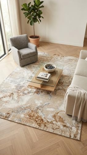 Image of 2x5 Feet (60x150 CM) Carpet for Bedroom Living Room & Hall - Beige Bronze Multi Modern Abstract Geometric Silk-Touch Luxury Hotel-Style Washable Anti-Skid Turkish Area Rug