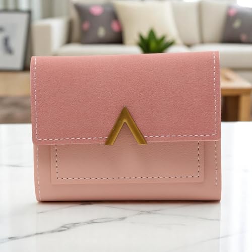 1Pcs Simple Wallet 3-Fold Colorblock Card Case PU Leather Pink 11.5x9cm