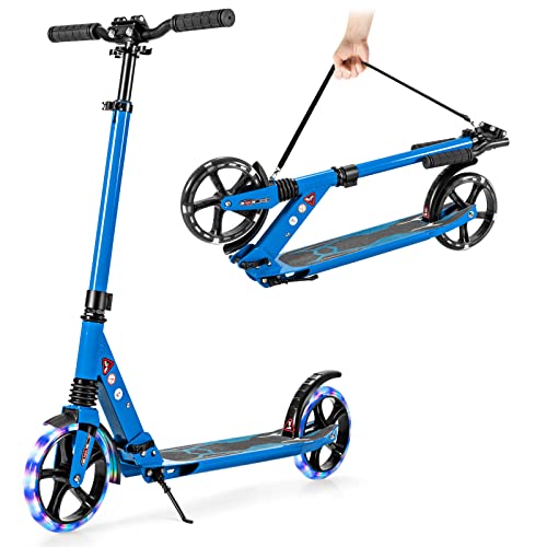 Goplus Foldable Kick Scooter, Razor Scooter w/ 8" LED Light-Up Wheels, Height-Adjustable T-Bar, Shock-Absorbing System, Shoulder Strap, Foot Brake, Scooters for Adults Teens Kids 8 Years Old+(Blue)