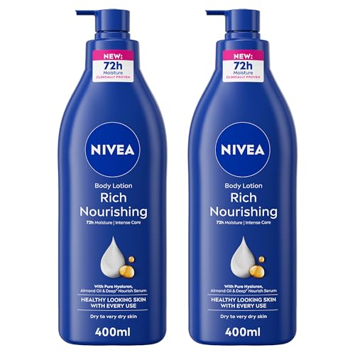 NIVEA Body Lotion for Dry to Very Dry Skin Rich Nourishing with 100% Pure Hyaluron 72H Intense Moisture 2x400ml