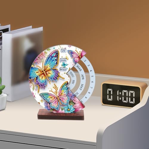 Image of AiYuanzsh Diamond Painting Tabletop Perpetual Calendar - 3D DIY Wooden Desk Ornament with Colorful Butterfly Design, Sparkling Diamond Art Kit for Desktop Decoration & Gifts