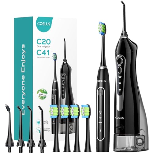 COSLUS Portable Water Flosser with Electric Toothbrush Combo: 2-in-1 Oral Clean Kit for Teeth, Braces, Gums Care - Brushing & Flossing for Adults, Family, Travel Use, BPA-Free, Black, C20 & C41