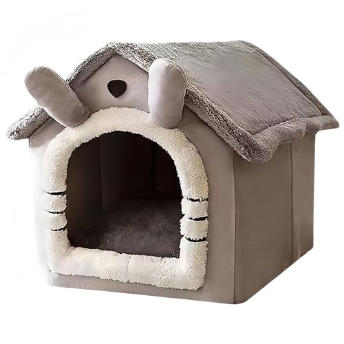 小型犬・猫用室内ペットハウス、ドット柄の三角屋根、取り外し可能な屋根、ふわふわクッション、猫用テント、オールシーズン対応、おしゃれ、洗える、折りたたみ可能 (グレー, 40*35*38cm)