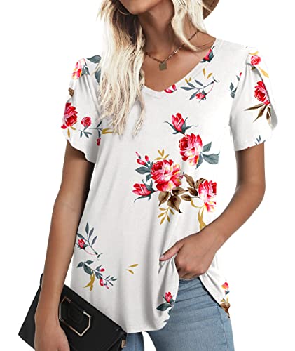 Cathy Women's Casual Tunic V-Neck Beach Basic Tshirts Petal Short Sleeve Tops Loose Comfortable Blouse Floral White Large #TOP1