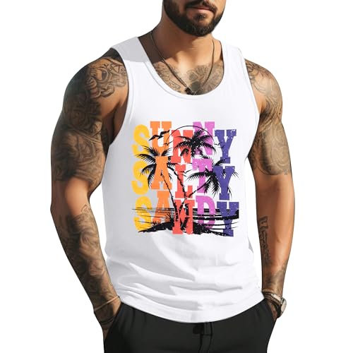 MYHALF Mens Tank Tops Beach Summer Sleeveless Shirts Graphic Palm Tree Vacation Tanks Muscle Gym Tank Top White