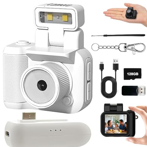 Mini Retro Video Camera Digital, Mini Keychain Camera with Sd Card, Portable Tiny Nostalgic Digital Camera, 1080p Hd with Led Flash Light (White 128GB)