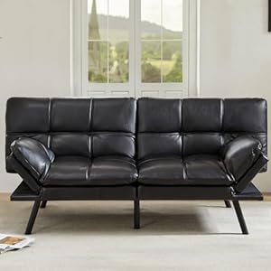 Sweetcrispy Futon Sofa Bed Memory Foam Futon Couch Bed Sofa Sleeper, Modern Convertible Faux Leather Futon for Living Room, Small Love seat for Apartment Office, Adjustable Armrests Backrest, Black