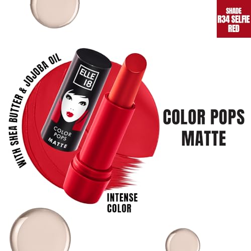 Image of Elle 18 Color Pops Matte Lipstick, Selfie Red, Moisturising Bullet Matte, with Vitamin E, Highly Pigmented, Infused with Jojoba Oil and Shea Butter | 4.3 g (Pack of 2)