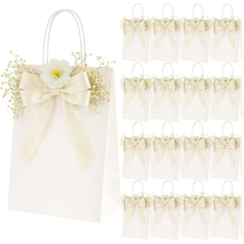 Kosiz 24 Pcs Wedding Party Favor Bags with Handles Bridal Shower White Gift Bags with 3D Flower Cream Bow Elegant Floral Paper Gift Packaging Goodie Treat Candy Baskets for Birthday Party Supplies