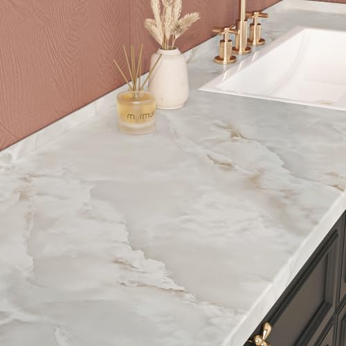 Livelynine 15.8x394 Beige White Marble Peel and Stick Countertops for Bathroom Waterproof Beige Contact Paper for Desk Wrap Cabinet Cover Kitchen Wallpaper Renter Friendly Laminate Counter Top Covers