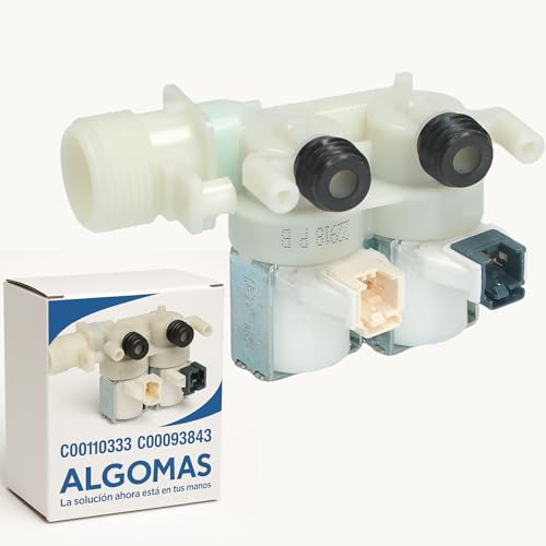 ALGOMAS® Electroválvula Lavadora 2 Vías 180° | Códigos C00110333 y C00093843 | Compatible con Indesit, Ariston, Hotpoint, Whirlpool | Entrada 3/4' | Salidas Ø14mm | 220-240V 50/60Hz