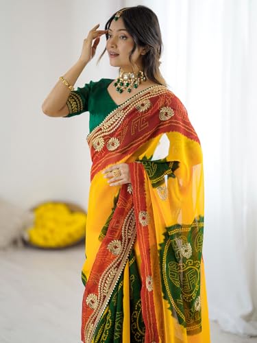 Image of Satrani Women's Georgette Bandhani Printed Embroidered gota lace Saree with Unstitched Blouse Piece