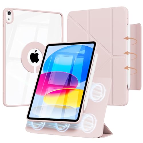 Etui do iPada A16 11. generacji 11 cali 2025 i iPad 10. generacji 10,9 cala 2022, zdejmowany magnetyczny obrotowy przezroczysty twardy tył z poliwęglanu, Auto Wake/Sleep, Trifold & Y stojak, różowe