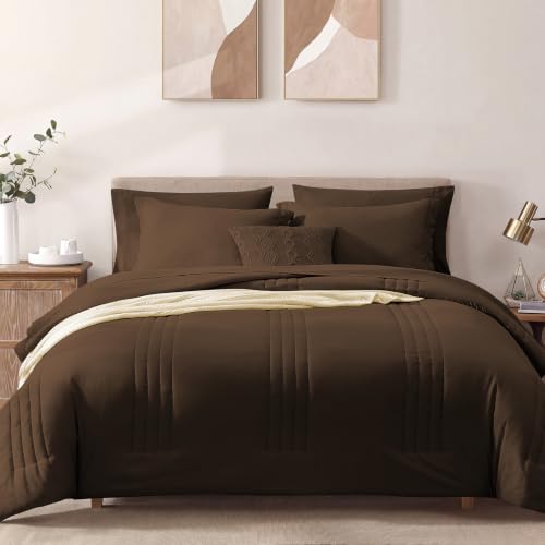Image of Monbix Full Comforter Set - 7 Pieces Chocolate Brown Bed in a Bag Full Size Bedding Sets with Comforters, All Seasons Comforter with Sheets, Pillowcases & Shams