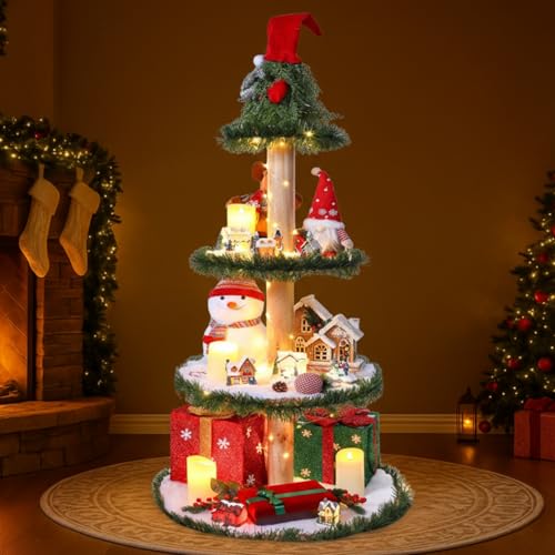 Christmas Tree Xmas Display Stand with Snow Blanket Garland and String Light DIY Wooden Village Display Shelves for Holiday Decoration(4 Tier, 4 ft)