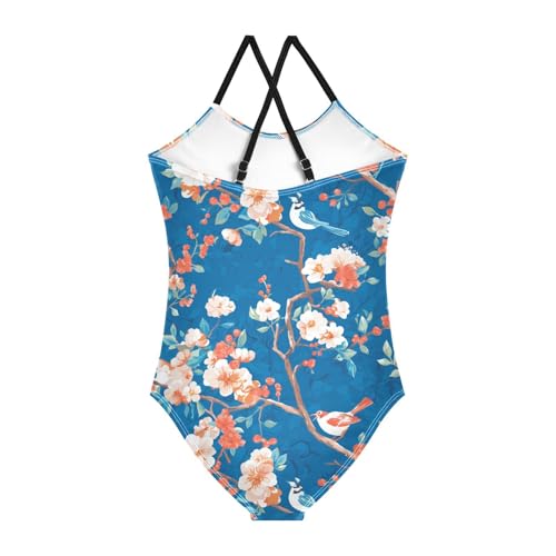 KLL Watercolor Floral Vintage Pattern Flowers Birds Girls' 1 Piece Swim Suit Summer Swimming Suits with Adjustable Straps2
