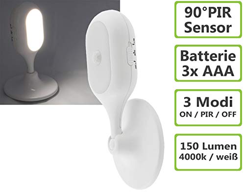 ChiliTec Lampe de Batterie Flexible avec détecteur de Mouvement I 360 ° inclinable à 90 ° I Batterie 3 Piles AAA Jour Nuit I Support Mural I Applique Murale avec capteur I Blanc