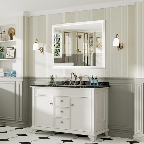 Image of 48x36 Inch White Bathroom Mirror for Wall, Thick Metal Framed Rectangle Mirrors for Over Sink, Bedroom, Living Room, Entryway, Anti-Rust, HD Tempered Glass