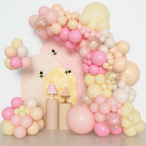 Amandir 153pcs Pink and Yellow Balloon Arch Garland Kit Different Sizes 18 12 10 5 inch Pink Pastel Yellow White Sand Cream Gold Confetti Balloons for Birthday Party Bee Bear Shower Decorations