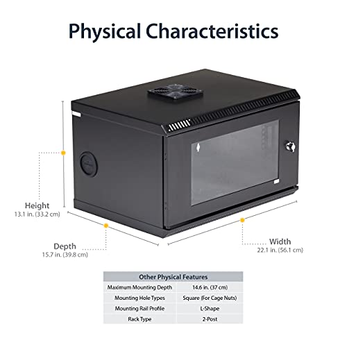 Image of StarTech 6U Wall-Mount Cabinet, 19in, 2-Post, 11in Deep, 110lb (RK619WALL) | Enclosed locking server rack kit for data equipment, Max depth 11.2in, Heavy-duty steel, Includes 1U shelf