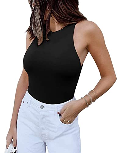 PRIMODA Women's Sexy Round Neck Sleeveless Racer Back High Cut Bodysuit Tank Top( Black M)