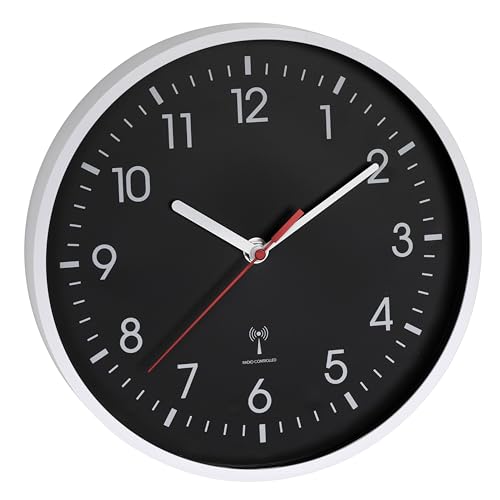 TFA Dostmann 60.3550.20 Horloge Murale analogique Radio-pilotée inversée, Fonctionne avec Piles, Cadran Noir, Horloge analogique, Horloge Radio-pilotée, Facile à...