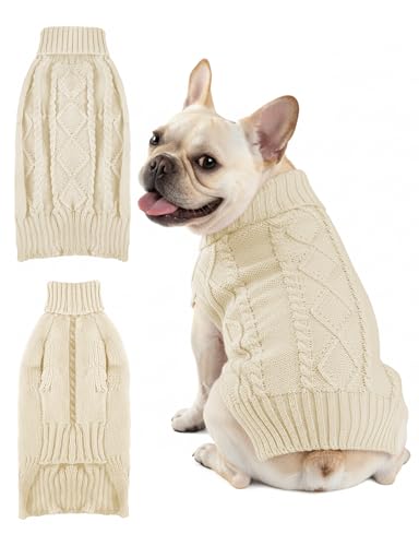 Image of Dog Sweaters for Small Medium Large Dogs Cats, Soft Warm Turtleneck Pullover Solid Cable Knit Fleece Stretch Pet Clothes,Classic Fuzzy Coat for Puppy Girl Boys for Fall Winter(Beige, X-Large)