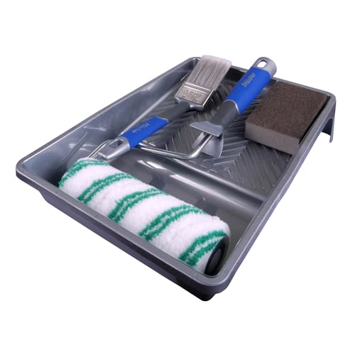 Mäster Roller- und Pinselset Interieur für Innenanstriche – Serie Superior – Komplett-Set mit 180 mm Medtex-Rolle, 50 mm Winkelpinsel, Schleifklotz, Bügel und Farbwanne – Streichen von Wänden und Holz