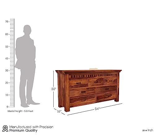 Image of Credenza Solid Sheesham Wood 7 Drawer Chest | Stylish Multipurpose Dresser Cabinet for Living Room, Bedroom, Hall & Kitchen Storage | Modern Sideboard in Honey Finish