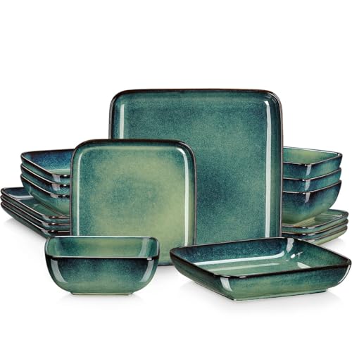 Service de table carré vert vernis au four 16 pièces céramique moderne