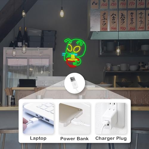 Image of Cute Ramen Alien Neon Sign Colorful Led Lights Green Neon Signs for Wall Decor USB Light Up Sign Neon Signs for Restaurant Dinning Room Japanese Noodle Shop