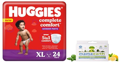 Image of Huggies Complete Comfort Wonder Pants Extra Large (XL) Size Baby Diaper Pants, 24 count & Mamaearth Natural Repellent Mosquito Patches For Babies with 12 Hour Protection,White,Pack of 1