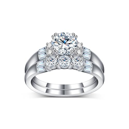 Round-Cut Moissanite Engagement Ring Set for Women, 18K 14K 10K Gold Round Brilliant Cut Moissanite Bridal Ring Set, Promise Ring Wedding Band Anniversary Birthday Jewelry Gift for Her