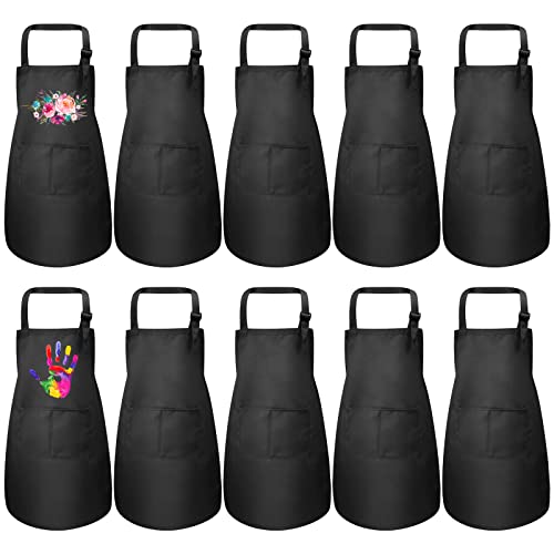 Geebuzz 10 Pieces Kids Apron Adjusable Blank DIY Children Chef Aprons Craft Aprons with Pockets for Kitchen Painting Cooking Baking (Black, Small)