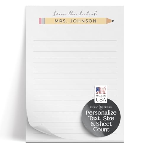 Curio Press Personalized Notepad 50 or 100 Sheets, Custom Stationery Note Pad 3 Sizes - From Desk Of Text Teacher Gifts Appreciation Note with Name Teacher Stationery Gifts - Pastel Pencil Pad